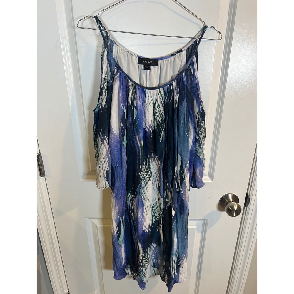 Karen Kane Womens Cold Shoulder Dress Abstract Brushstroke Blue Size M